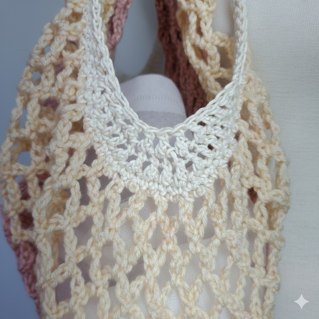 Handmade Purple Farmers Market Bag Crochet Net French Cotton Grocery Beach Reuse