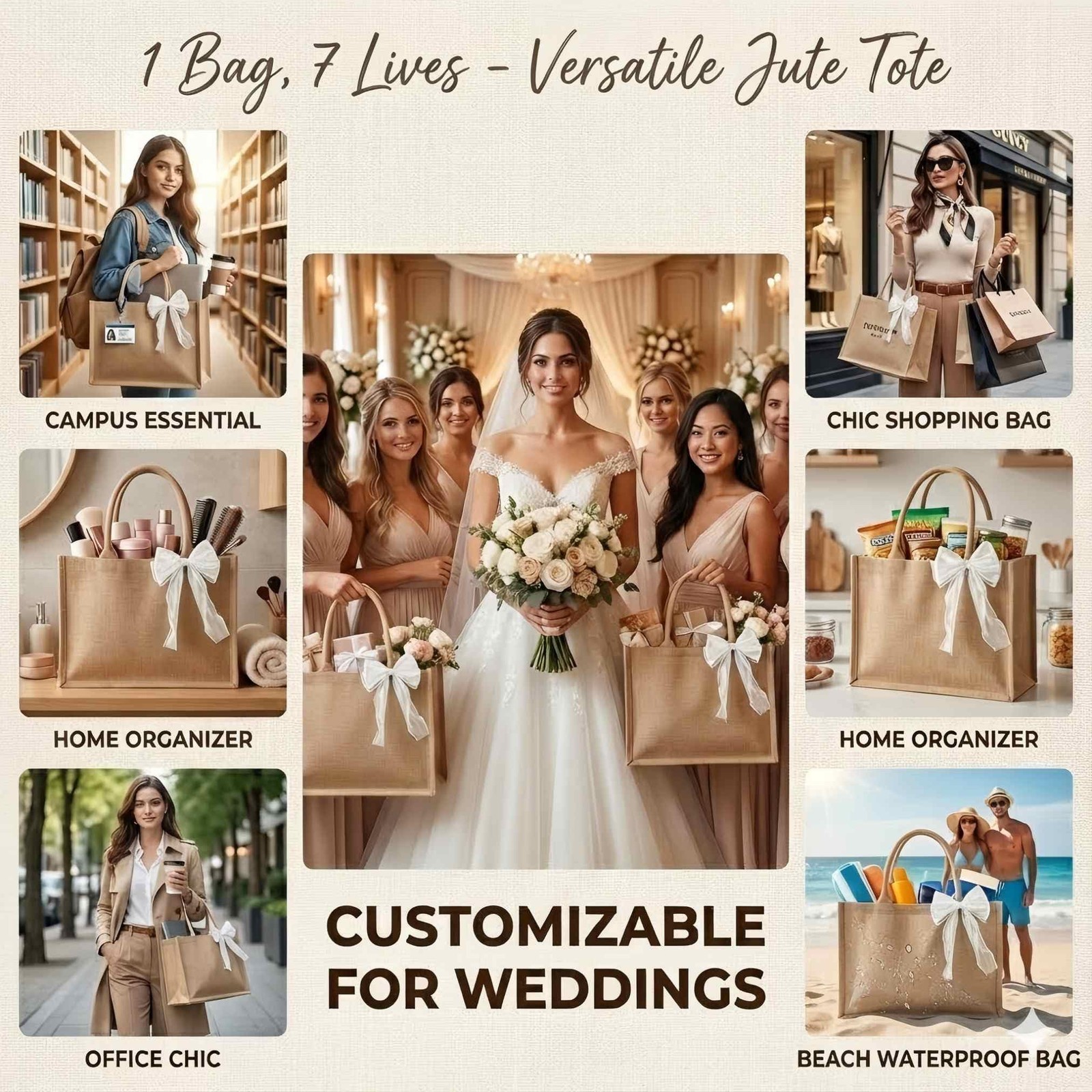 10 Pack Burlap Jute Tote Bags with Handles, 15 x 6 x 12 Inch Waterproof PE Li…
