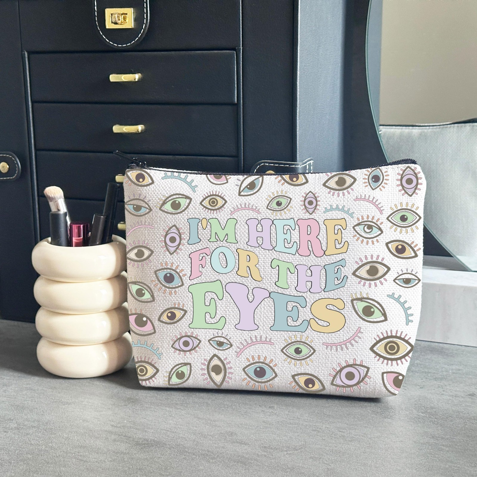 WCGXKO Novelty Optometry Gift I’m Here For The Eyes Zipper Pouch Makeup Beige