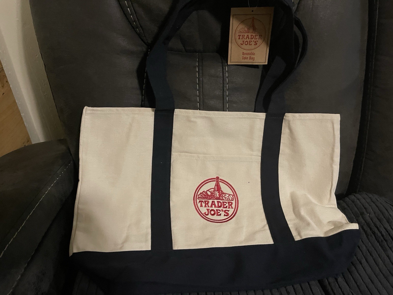 Trader Joe’s Reusable Shopping Bag Canvas Foldable Beige Black Red Solid Tote