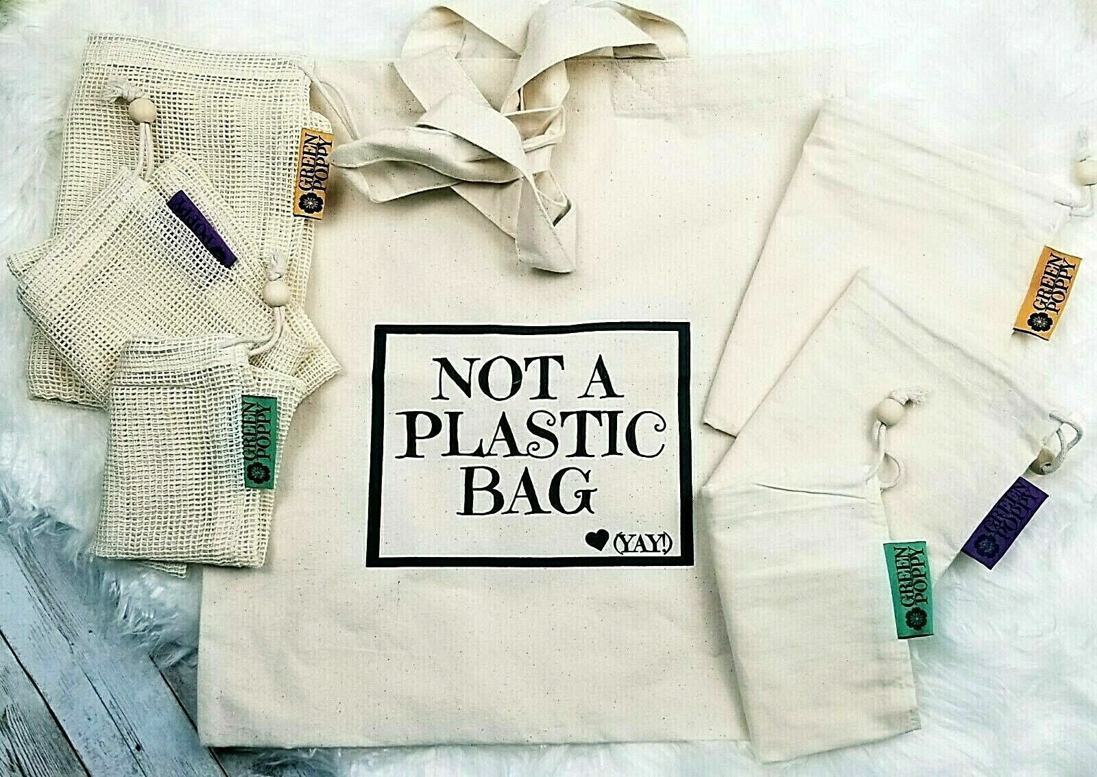✿ Organic Cotton Reusable Grocery & Produce Bags Set Mesh Canvas Wood Drawstring