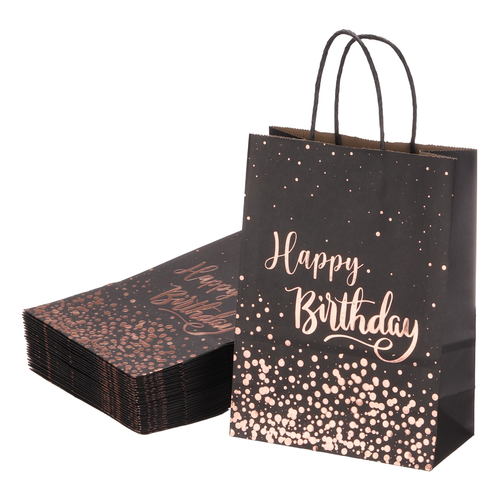 24Pcs Kraft Gift Bags with Handles Bulk, Black Rose Gold Party Favor Bags