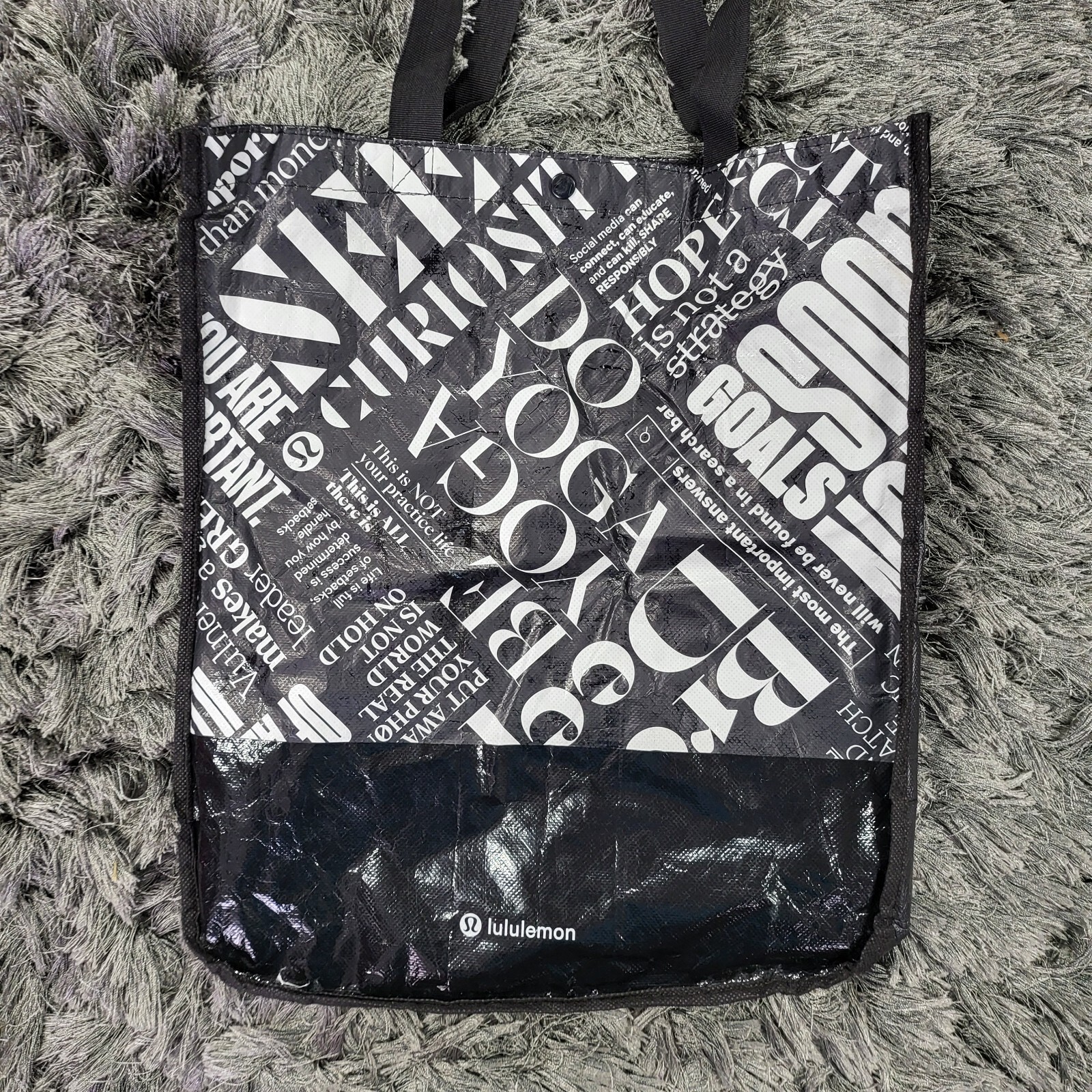 Lululemon Reusable Shopping Gym Tote Bag 16 x 13″ Black White Motivational Print