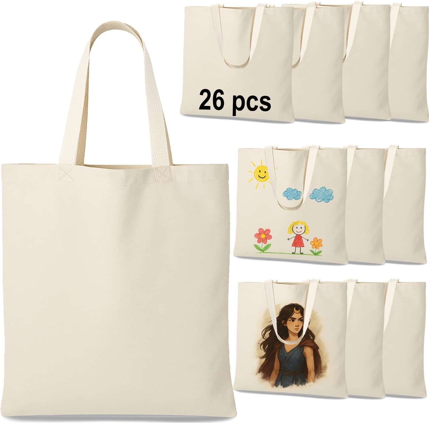 13 x 11 Inch Pack of 26 Canvas Tote Bag Bulk Cotton Totes Embroidery Crafting