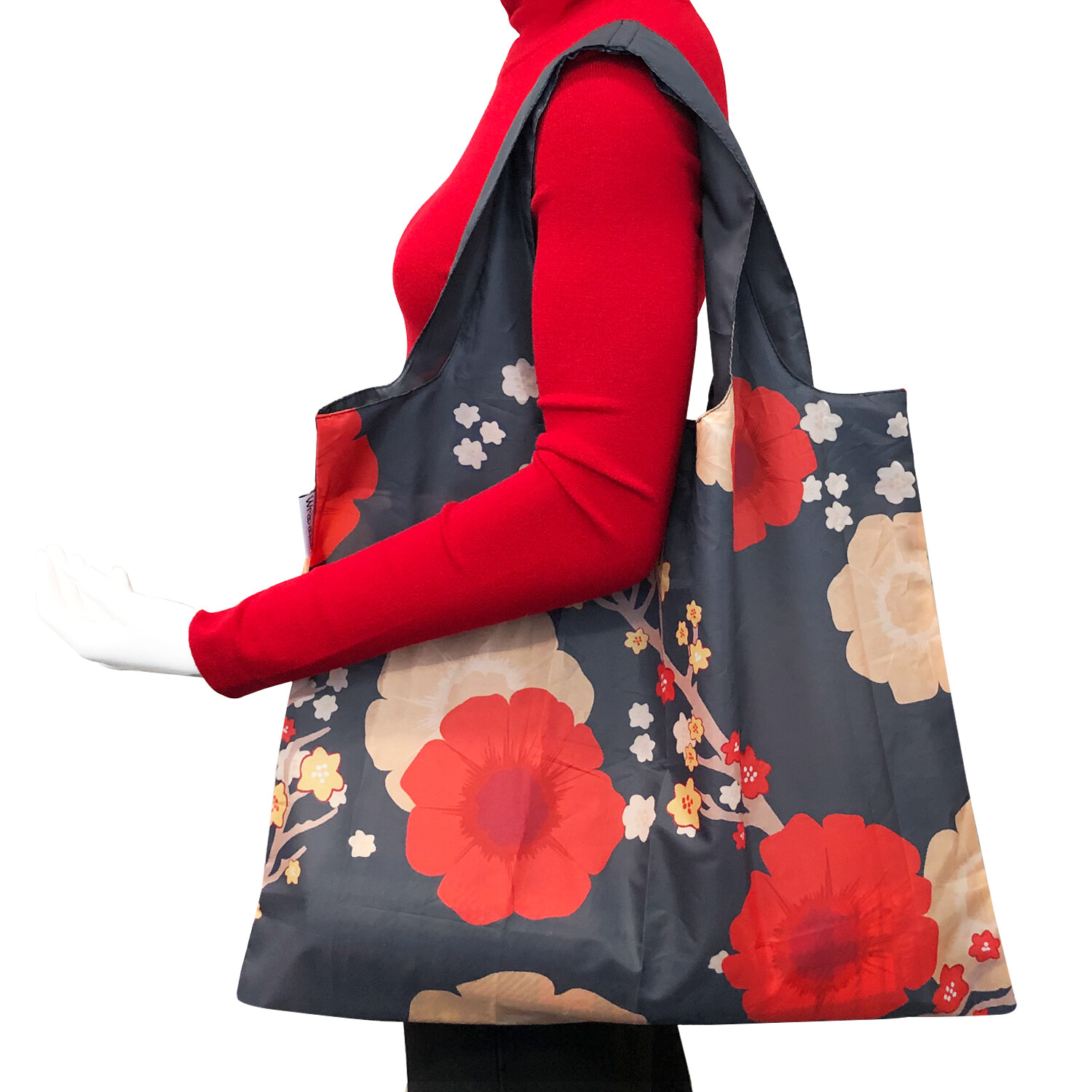 Wrapables Large Reusable Shopping Tote Bag with Outer Pouch, Midnight Floral