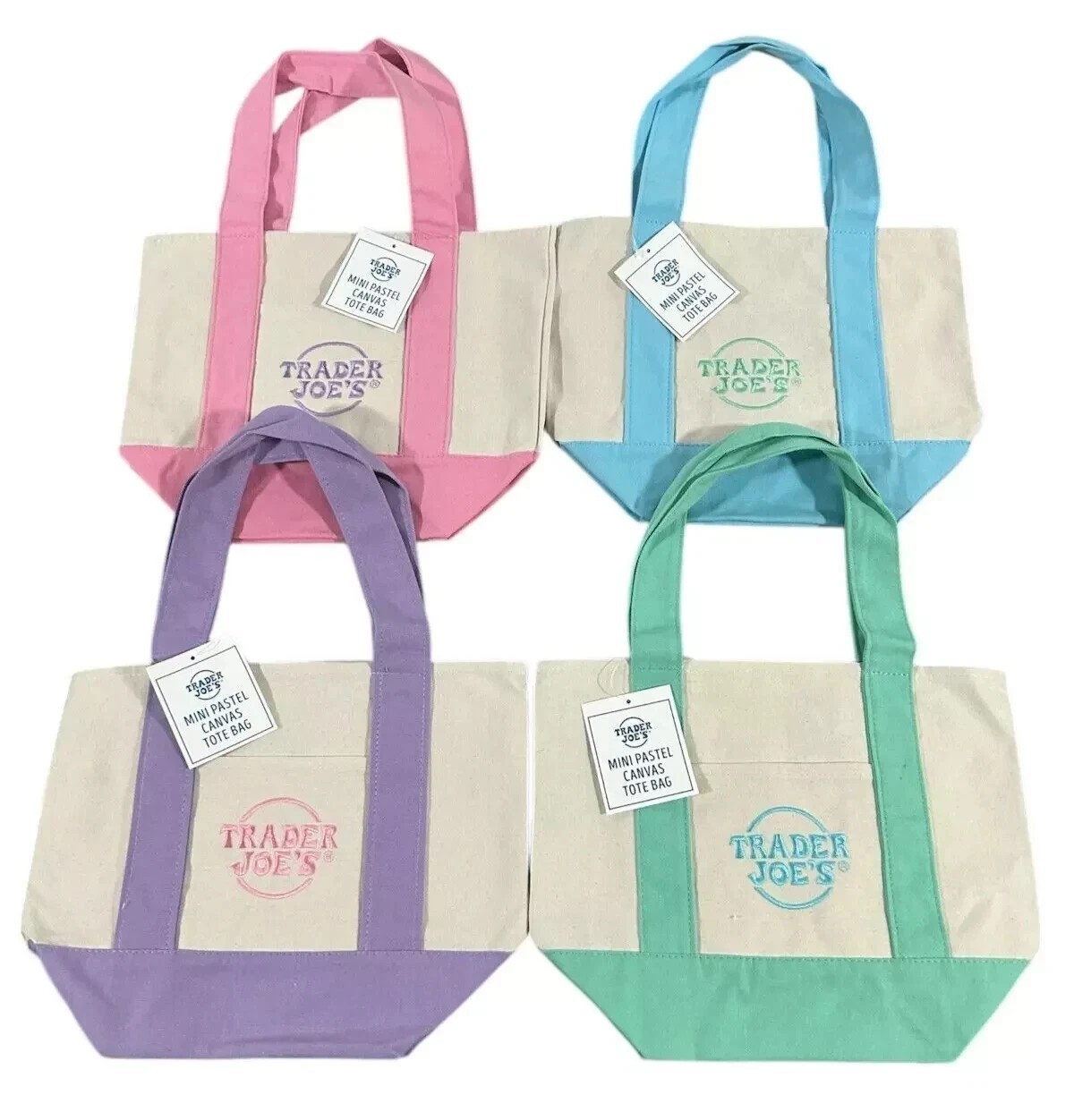 Trader Joe’s Mini Pastel Canvas Tote Bag NWT Blue Green Pink Purple | US Stock
