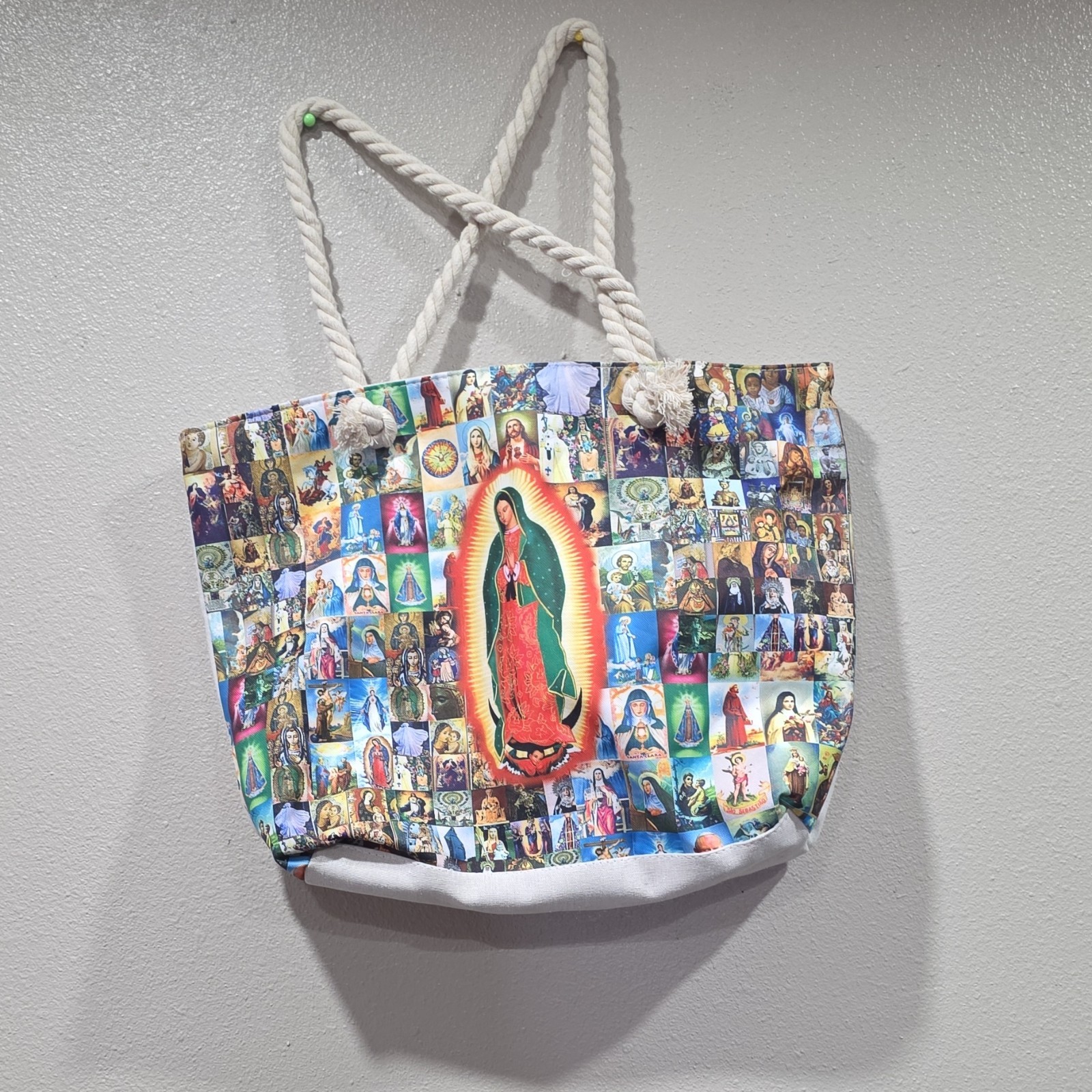 Virgin of Guadalupe Collage Print Reusable Polyester Tote Rope Handles Large