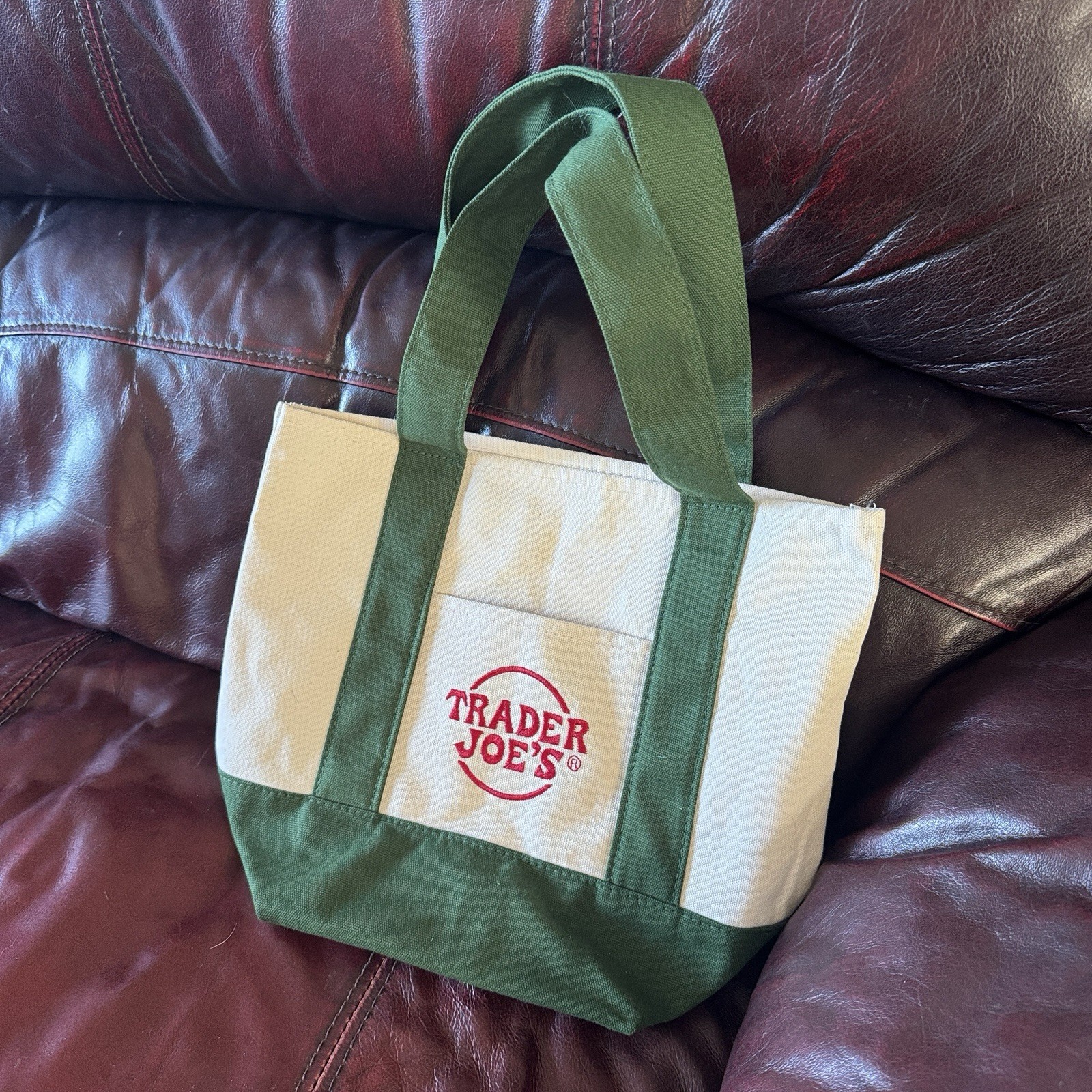 Trader Joe’s Canvas Tote Reusable Foldable Bag Green & White, Red Lettering