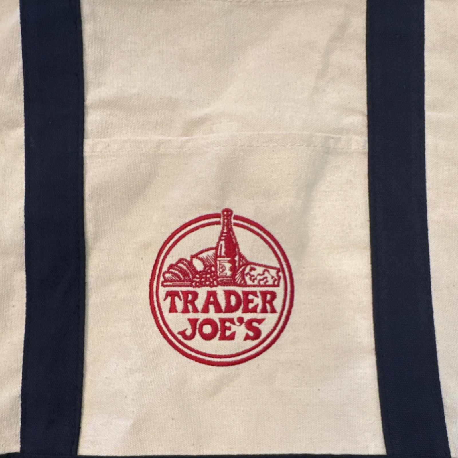Trader Joe’s Foldable Canvas Reusable Shopping Bag Beige Navy Blue