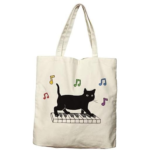 Black Cat Canvas Tote Bag For Women Aesthetic Funny Cute Cat Playing Piano