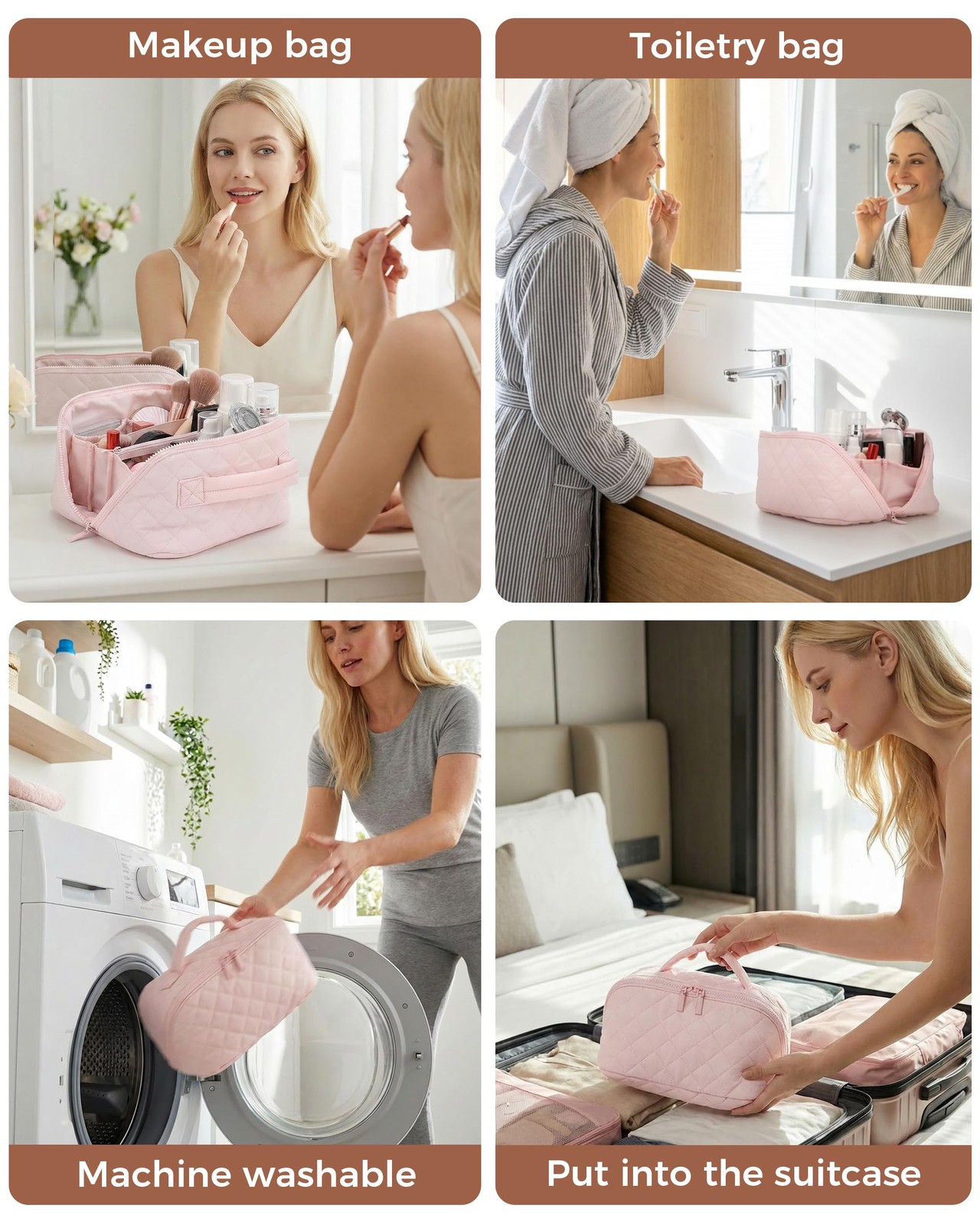 Travel Makeup Bag for Women, 2Pcs Large Capacity 180 Lay-Flat Toiletry Pink