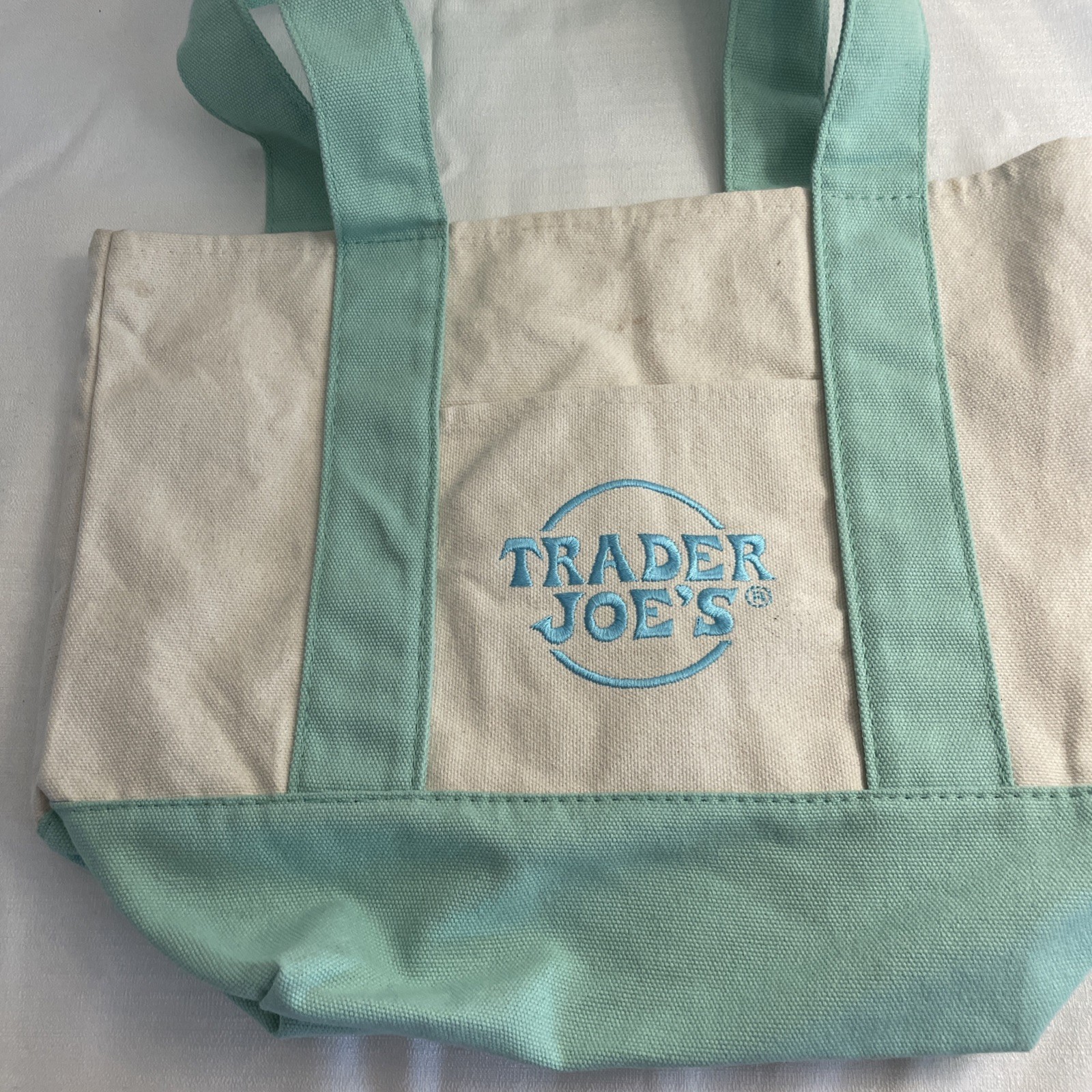 Trader Joe’s Mini Canvas Tote bag pastel green with blue embroidered logo