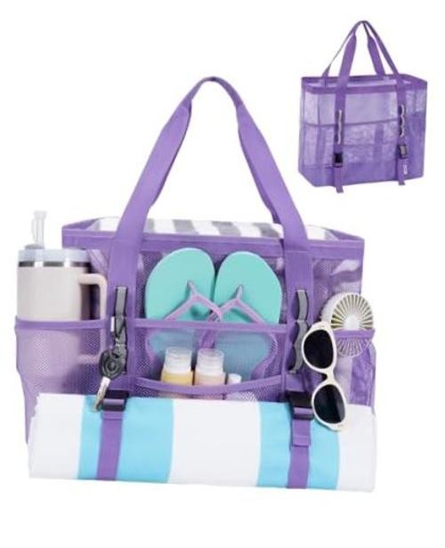 Mesh Beach Bag for Women, Family Pool Bags for Cruise () | Large Purple