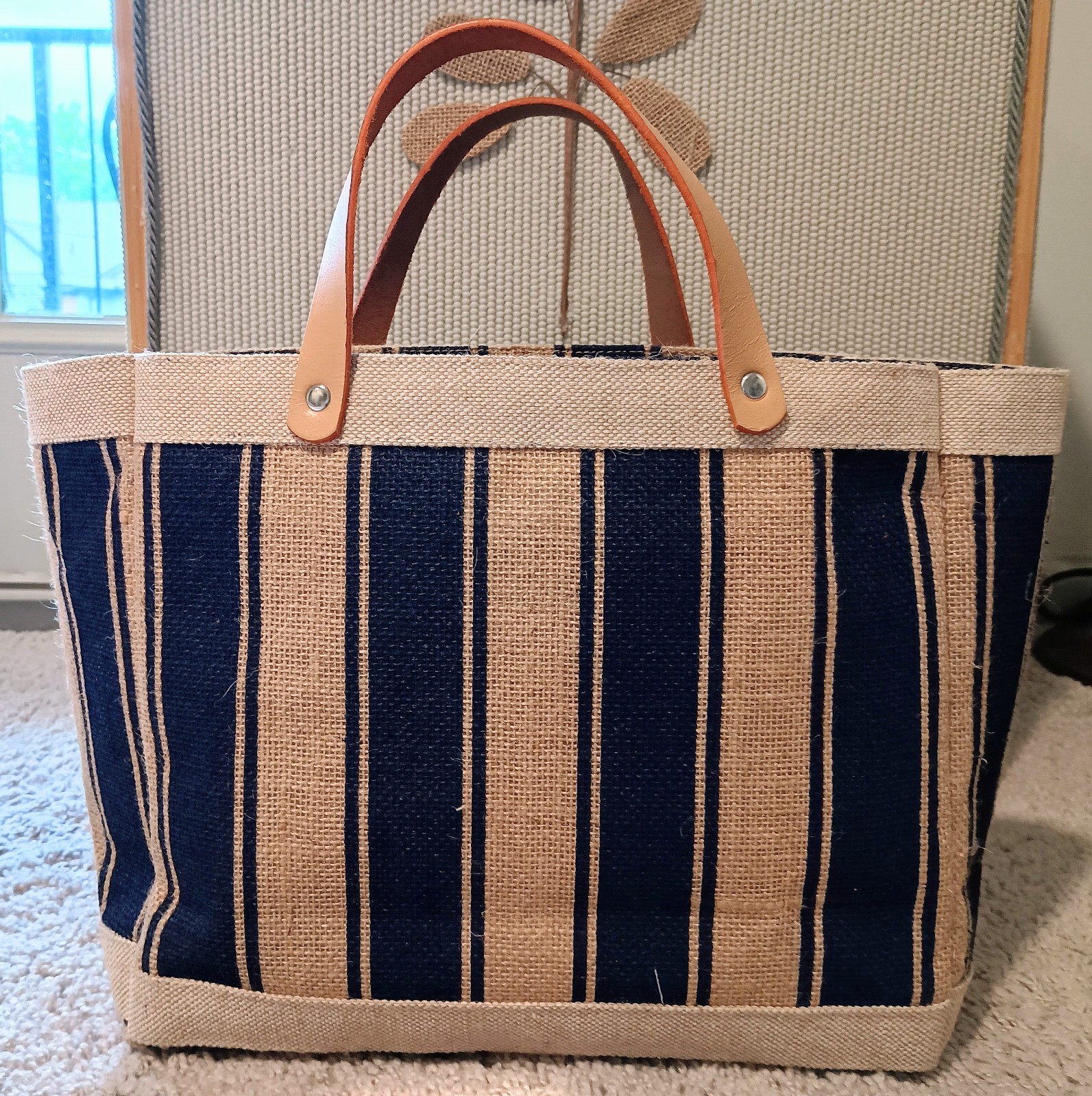 Striped Jute Cotton Tote Bag with Leather Handles, Foldable, Beige Blue