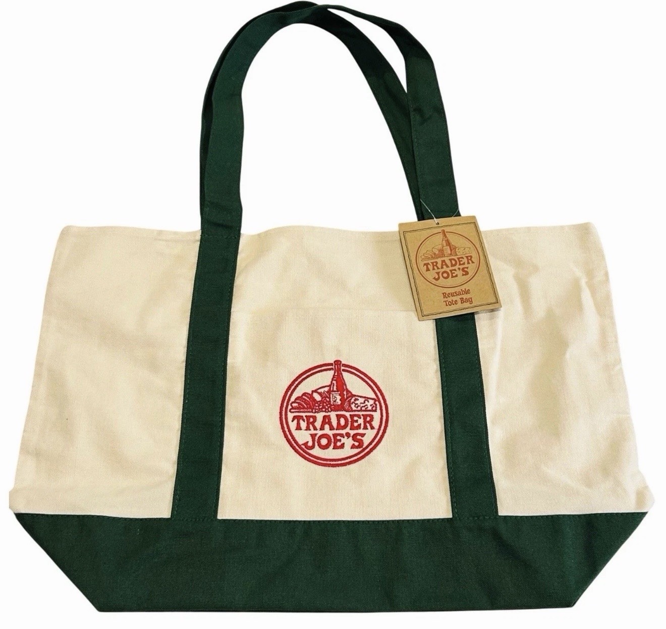 Trader Joe’s 2025 Christmas Masters Green LARGE Canvas Shopping Bag, Off White