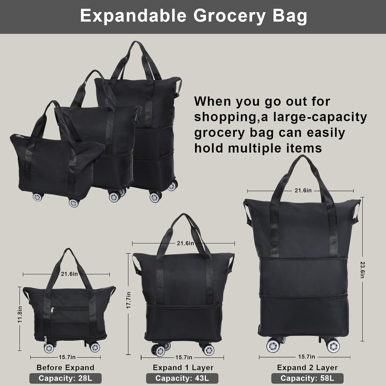 Reusable Grocery Bag on Wheels Shopping Bag Wheels Detachable Roller Tote Bag