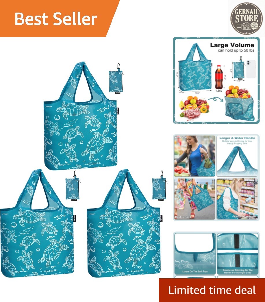 Durable Machine Washable Grocery Bags – Foldable, Heavy Duty, Colorful Turtle