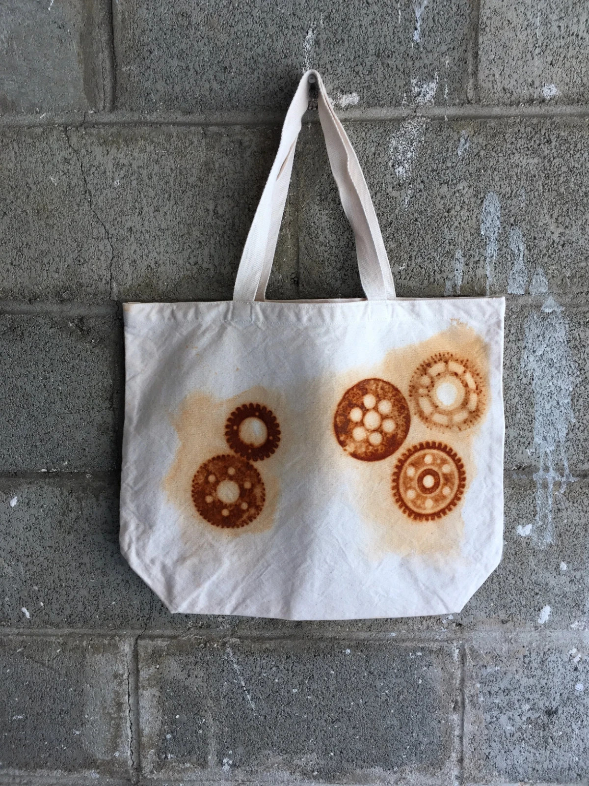Organic Cotton Farmers Market Tote Bag Rusty Gears Handmade XL 18×14.5 Rust Dyed