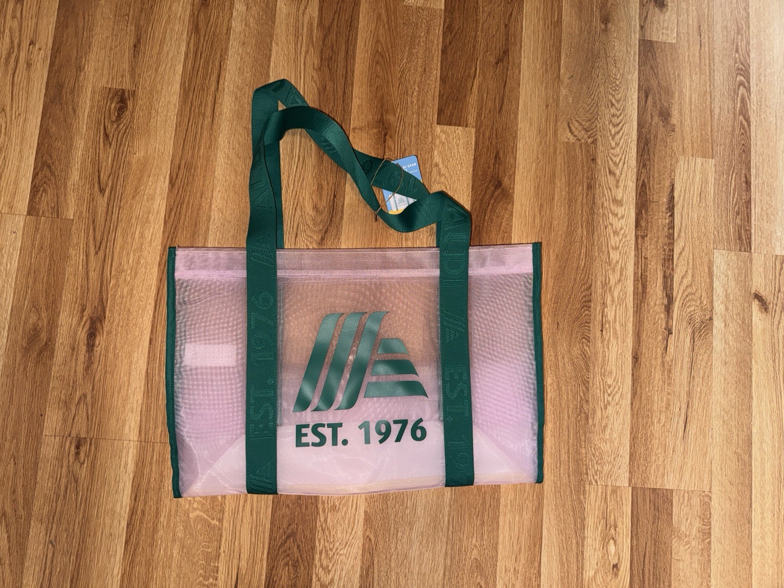 ALDI 50th Anniversary Mesh Tote Bag Pink w/EST 1976 on Green Straps RARE LTD ED