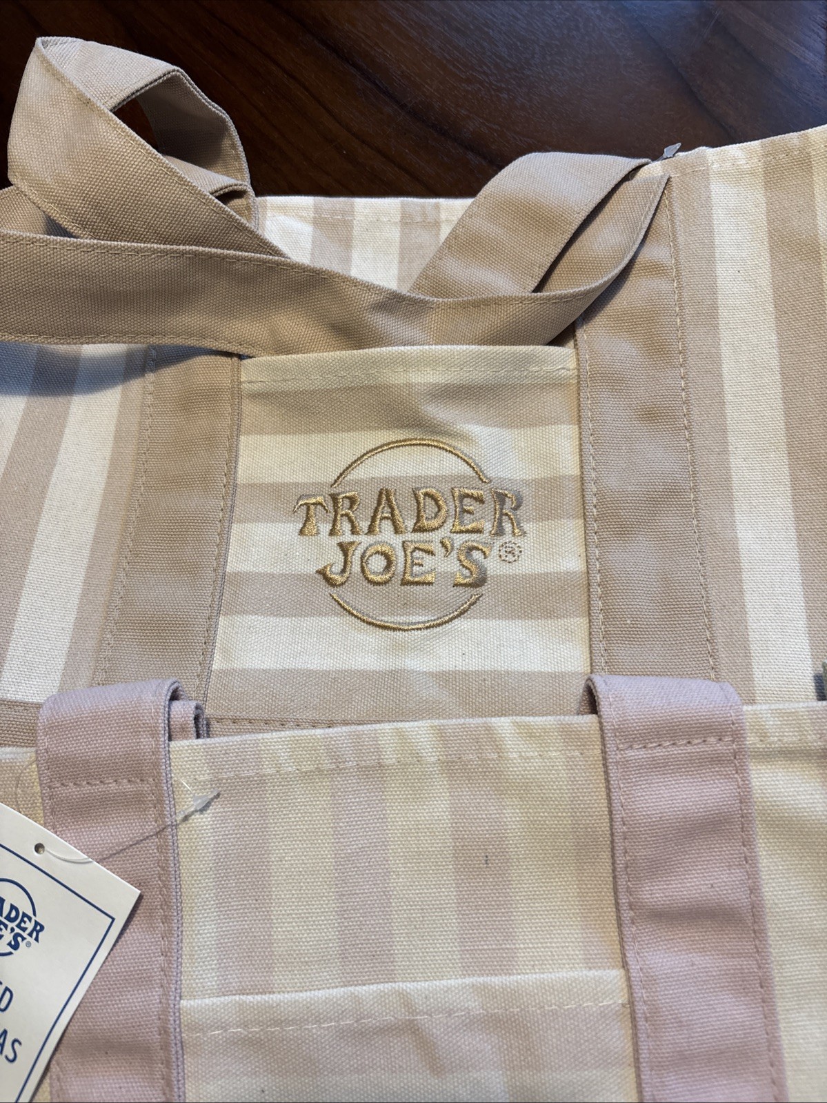 TRADER JOE’S MINI PASTEL STRIPE CANVAS TOTE BAGS SET Of 4 PINK BLUE GREEN BEIGE