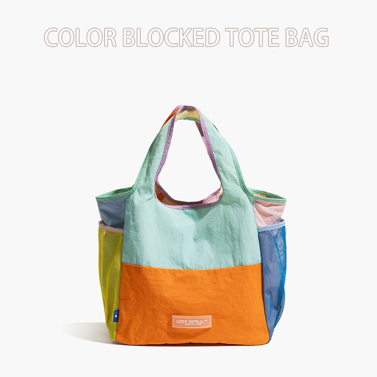 Large Capacity Color Block Tote Bag – Waterproof Foldable Eco-Friendly Handbag