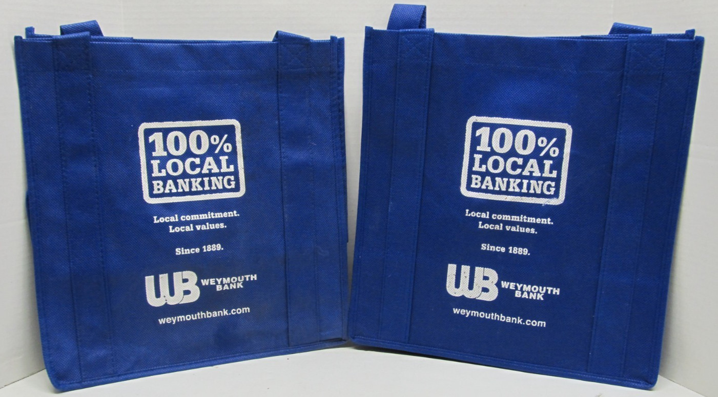 Vintage Weymouth Bank ~ 2 Woven Poly Tote Bags – about 13″ x 12″ (#2421)