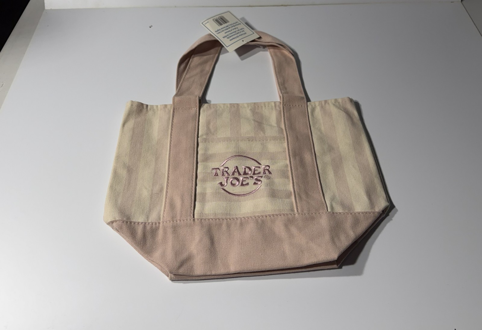 Trader Joe’s Reusable Summer Canvas Tote Bag Mini White/Pink Stripe