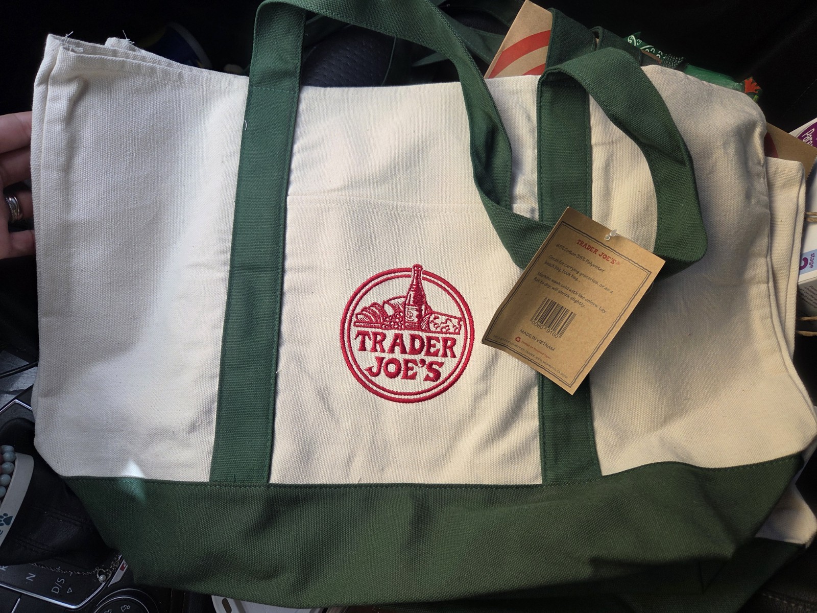 Trader Joes Large Olive Green Canvas Reusable Tote Bag Heavy Cotton Basic Style