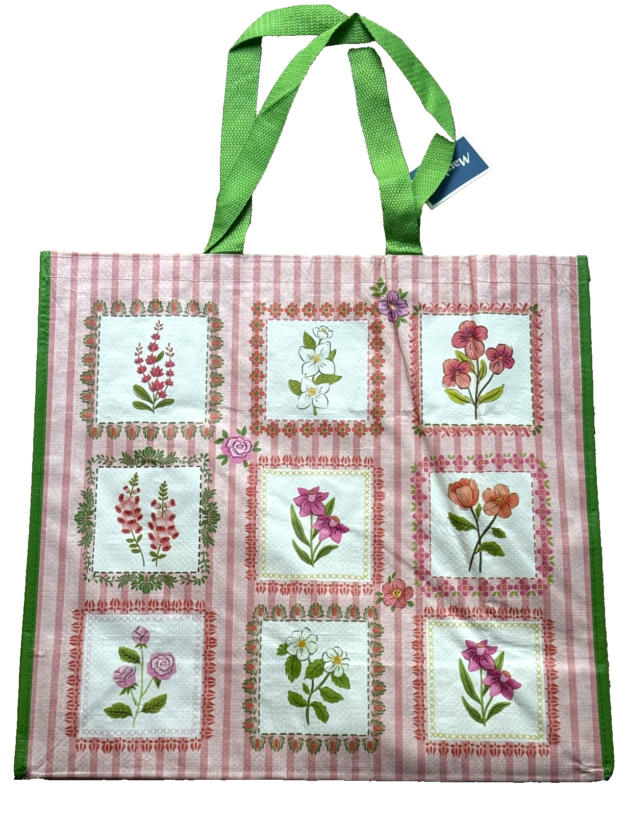 MARSHALLS REUSABLE LARGE TOTE SHOPPING BAG 20″ X 18″ HERBS FLOWERS GREEN PINK