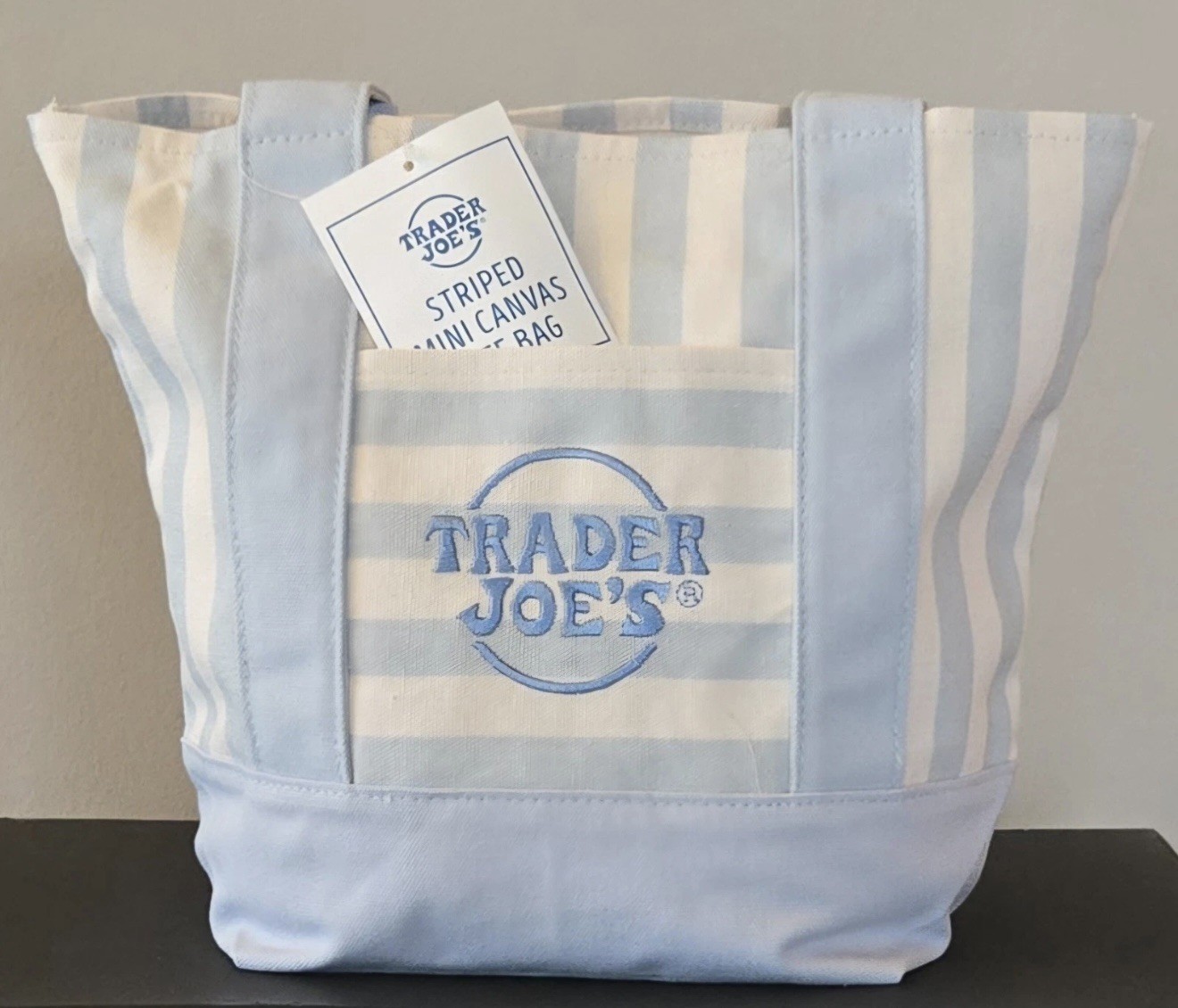 Trader Joe’s Limited Mini Canvas Pastel Striped Tote Bag 2026 Light Blue
