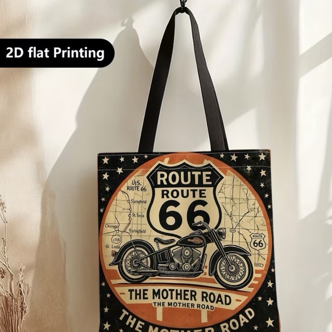 1pc Double-Sided 2D Flat Printing Shopping Tote Bag, Route 66 Motorcycle