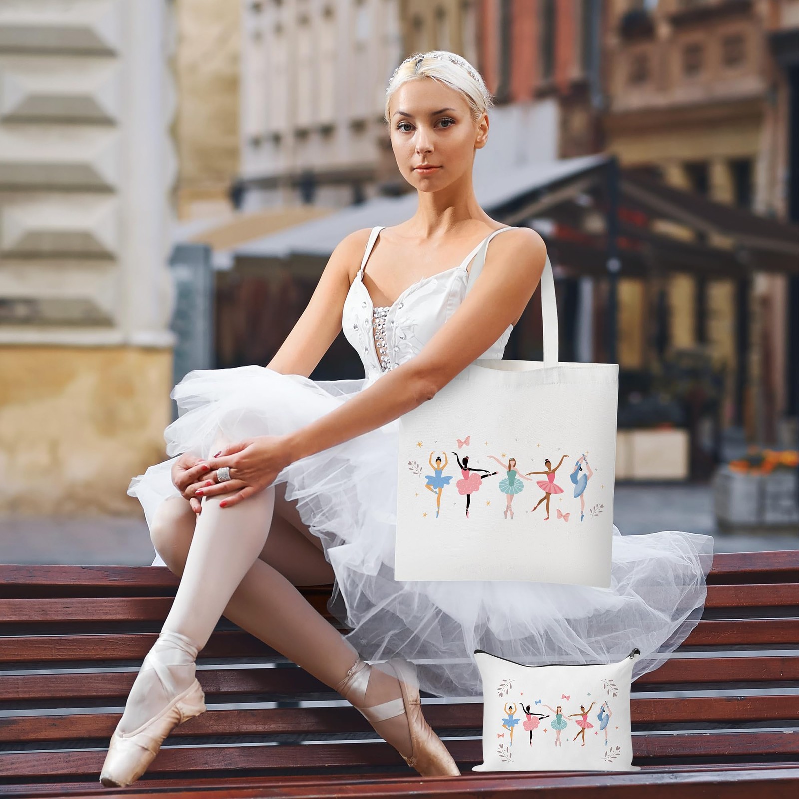 Ballerina Canvas Tote Bag – 2Pcs Ballerina Watercolor Print Makeup Bag Set, C…
