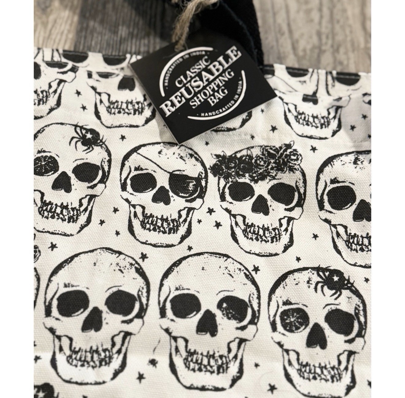 Beige & Black Skulls Halloween 100% Cotton Canvas XL Reusable Shopping Tote Bag