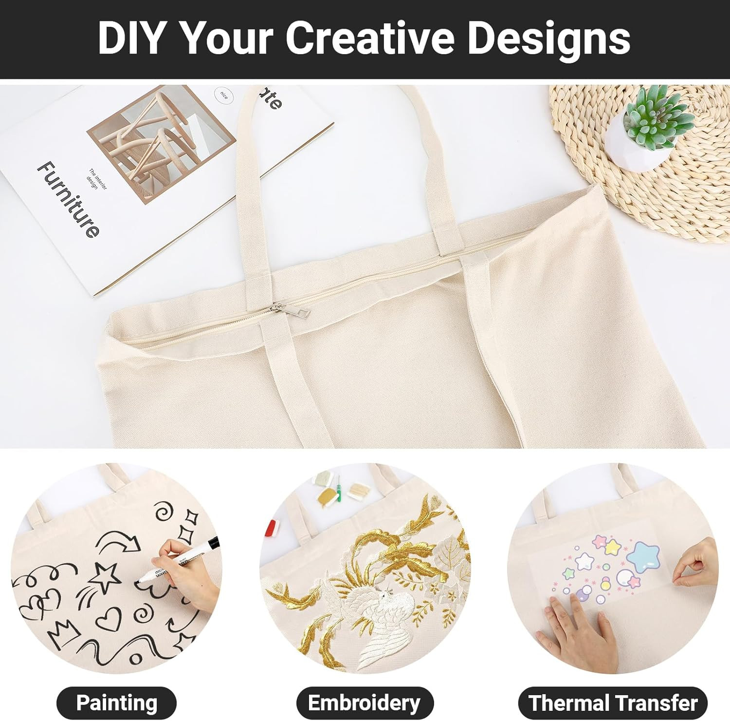Blank Tote Canvas Bag with Zipper 3 PC 19.7X15.7 Inch Bags with Handles 12 Oz…
