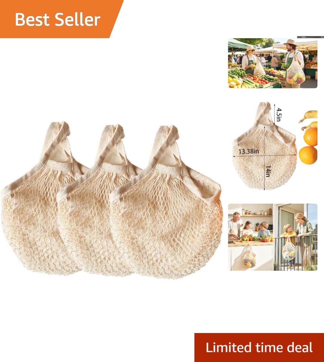 Charming Beige Cotton String Grocery Bags – Retro Set of 3, Space-Saving Design