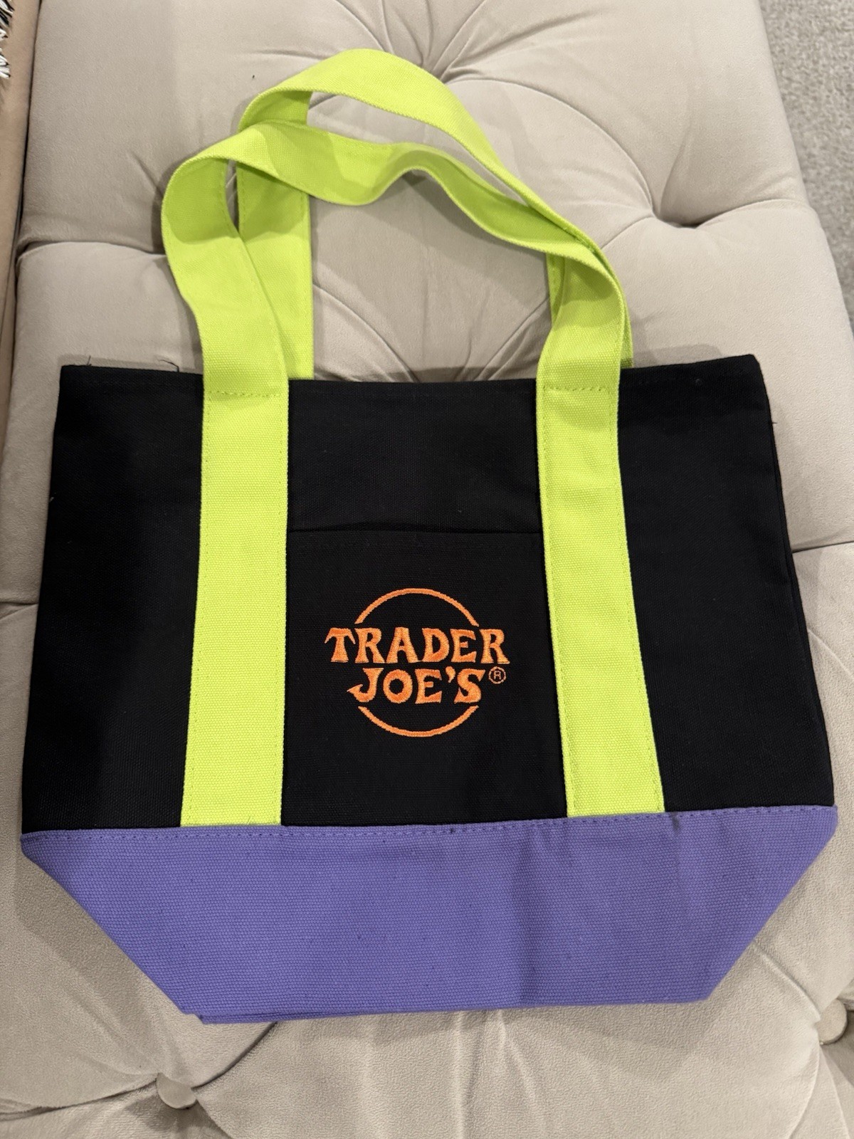 Trader Joe’s Canvas Tote Bag Black/Purple/Yellow Foldable 13x6x10 in New