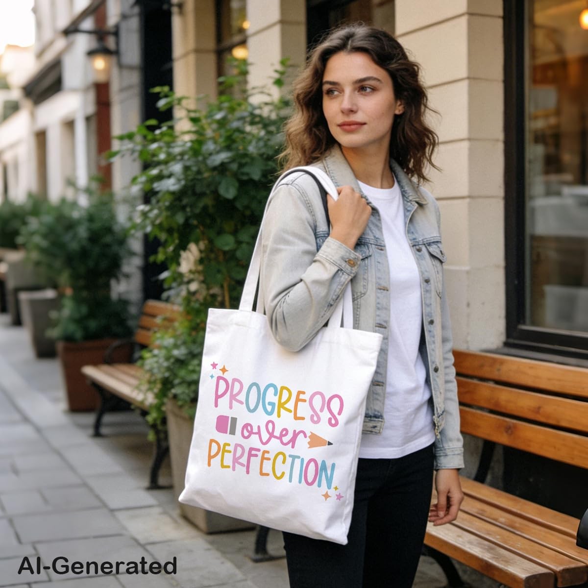 Inspirational Canvas Tote Bag, Progress Over Perfection Tote Bag, Casual Canv…
