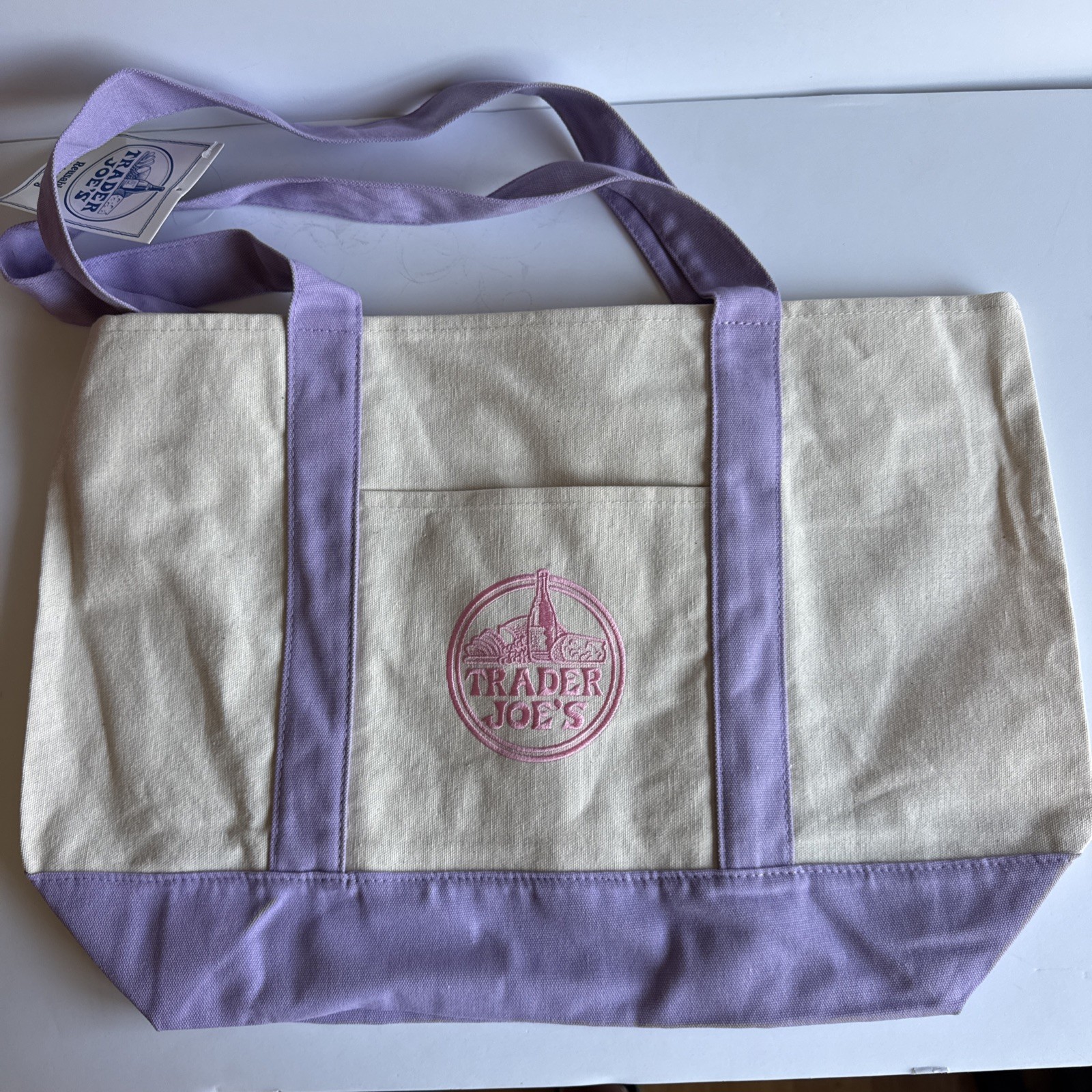 2026 Trader Joe’s Large Pastel Canvas Reusable Tote Bag Lavender FREE SHIP! NEW