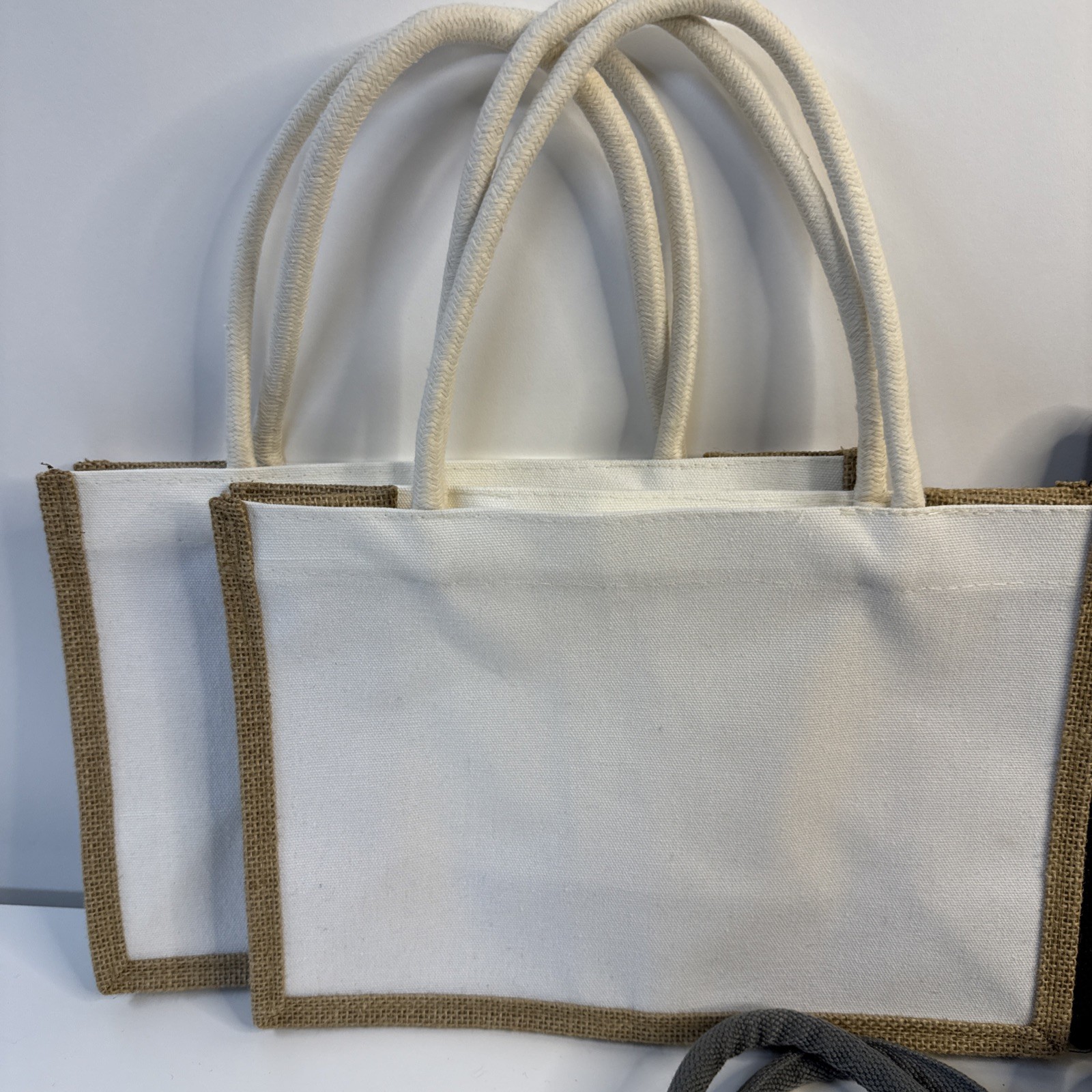 Lot Of 6 Canvas/Jute Tote Bags Fine Burlap Reusable Bridal Shopping Beach