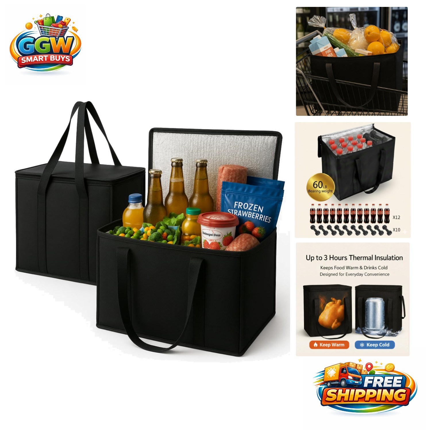 2-Pack XL Insulated Grocery Bags with Zippers – Perfect for Shopping & Camping