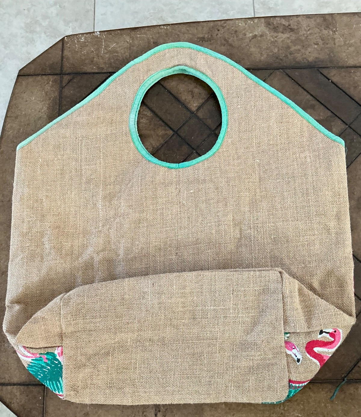 NEW TROPICAL EXTRA LARGE Jute BURLAP Tote Bag ~ 20.5″W x 23″T ~ PINK FLAMINGO’S