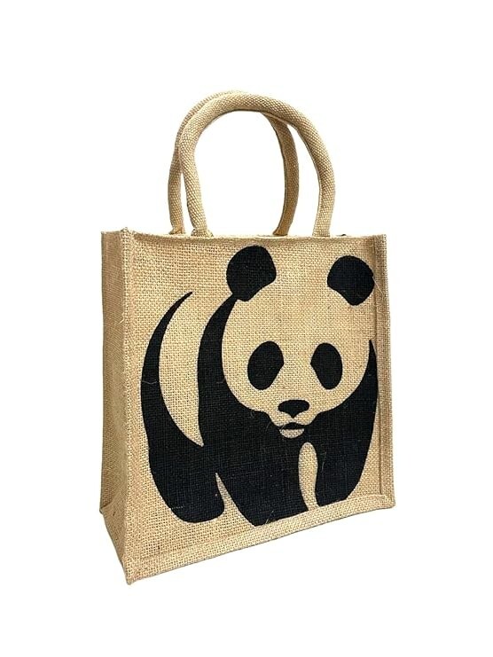 Panda Pack of 5 | Eco-Friendly Jute Fabric Printed Tote Bag with Zipper, Handle