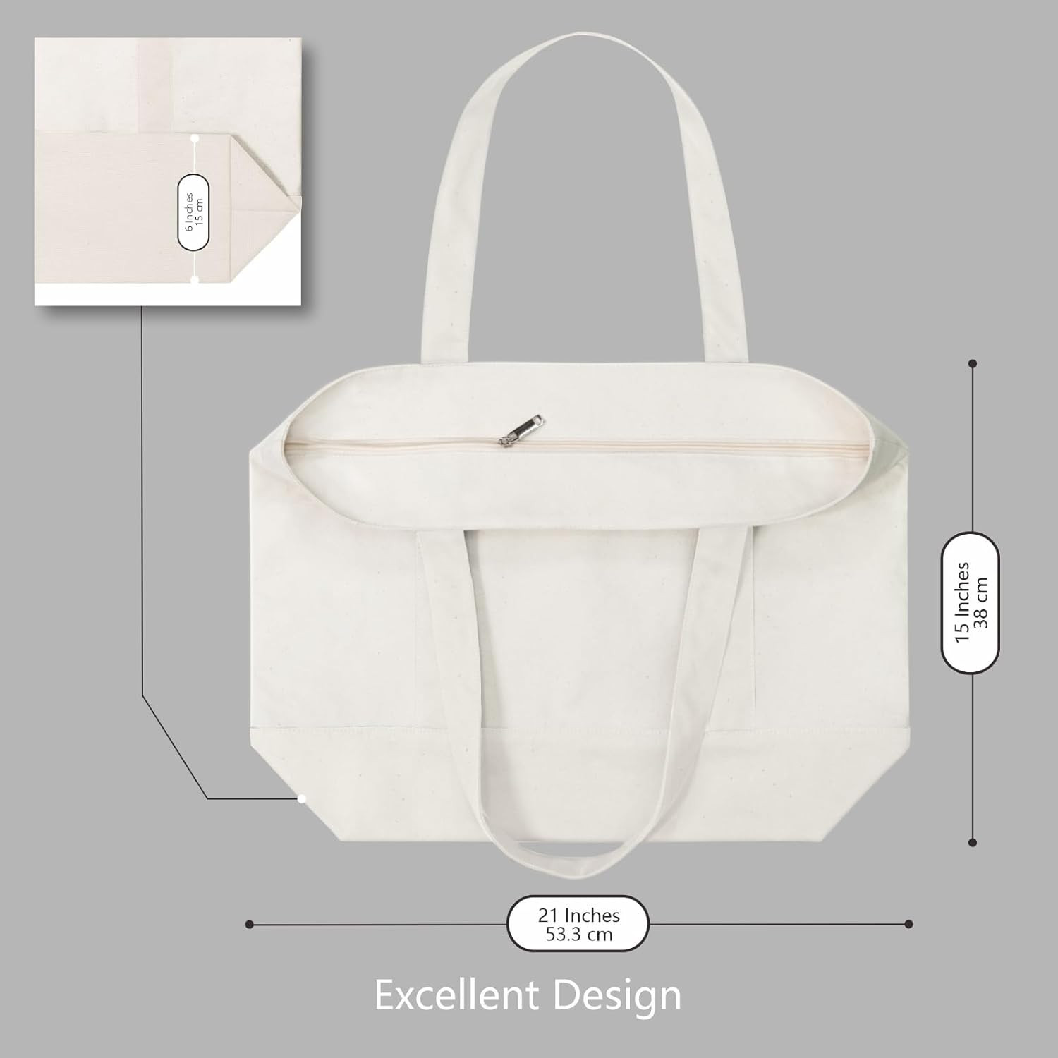 6-Pack Reusable Canvas Tote Bags with Zipper & Pocket – Natural Color