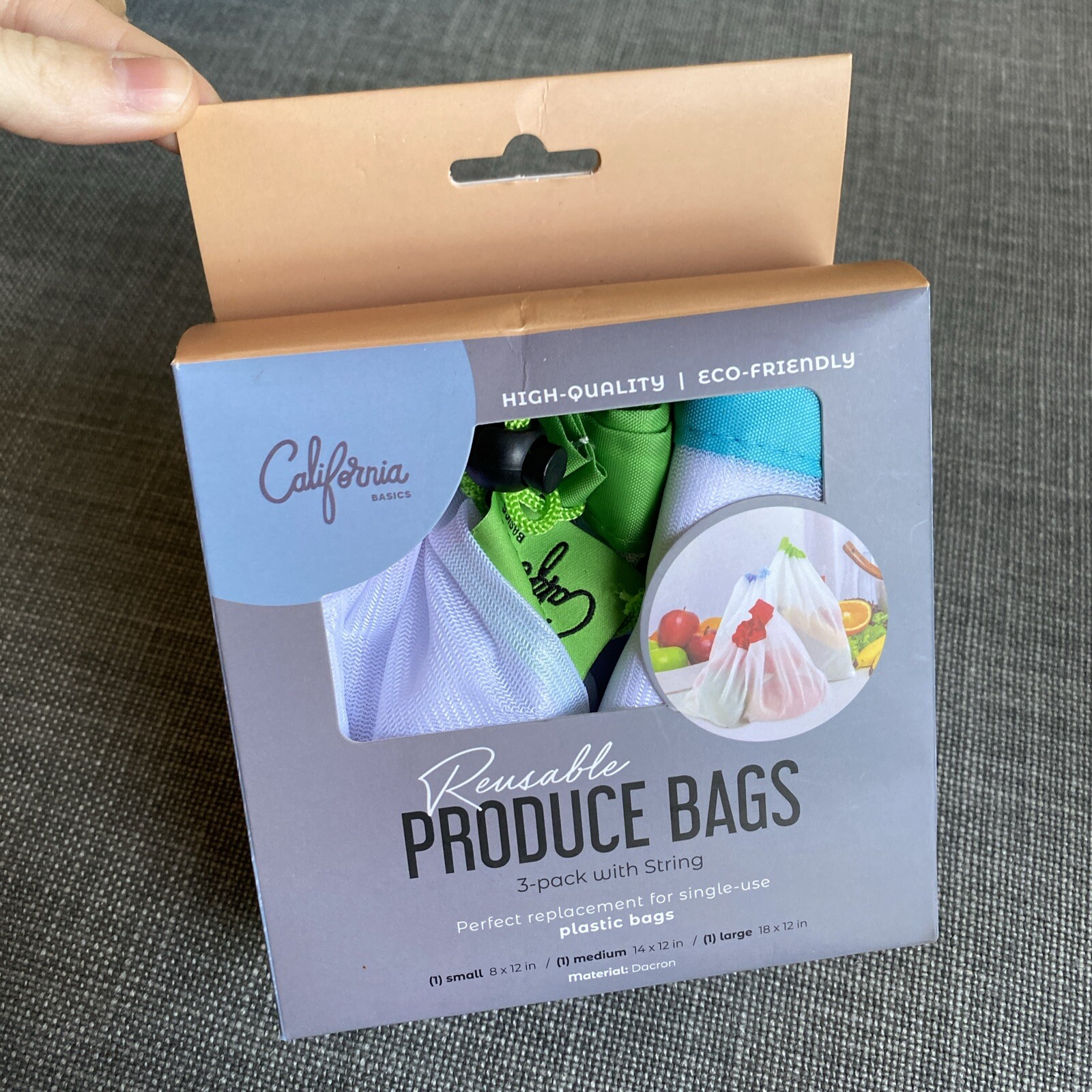 Dacron Reusable Produce Bags (3-Pack of Different Sizes with String) NEW