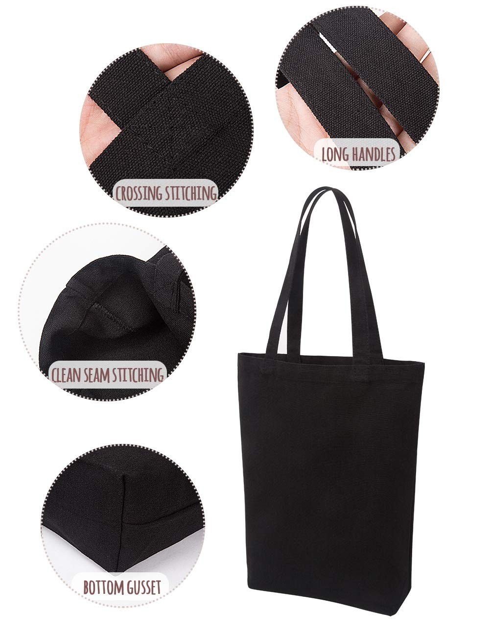 Natural Canvas Tote Bags DIY Reusable Shopping Grocery Bag (Black – 6 Pack)