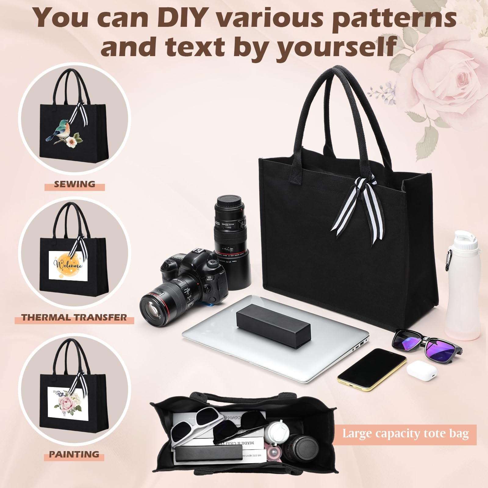 12 Pack Canvas Tote Bag Bulk Initial Black Canvas Tote Bags with 28 Tissues S…