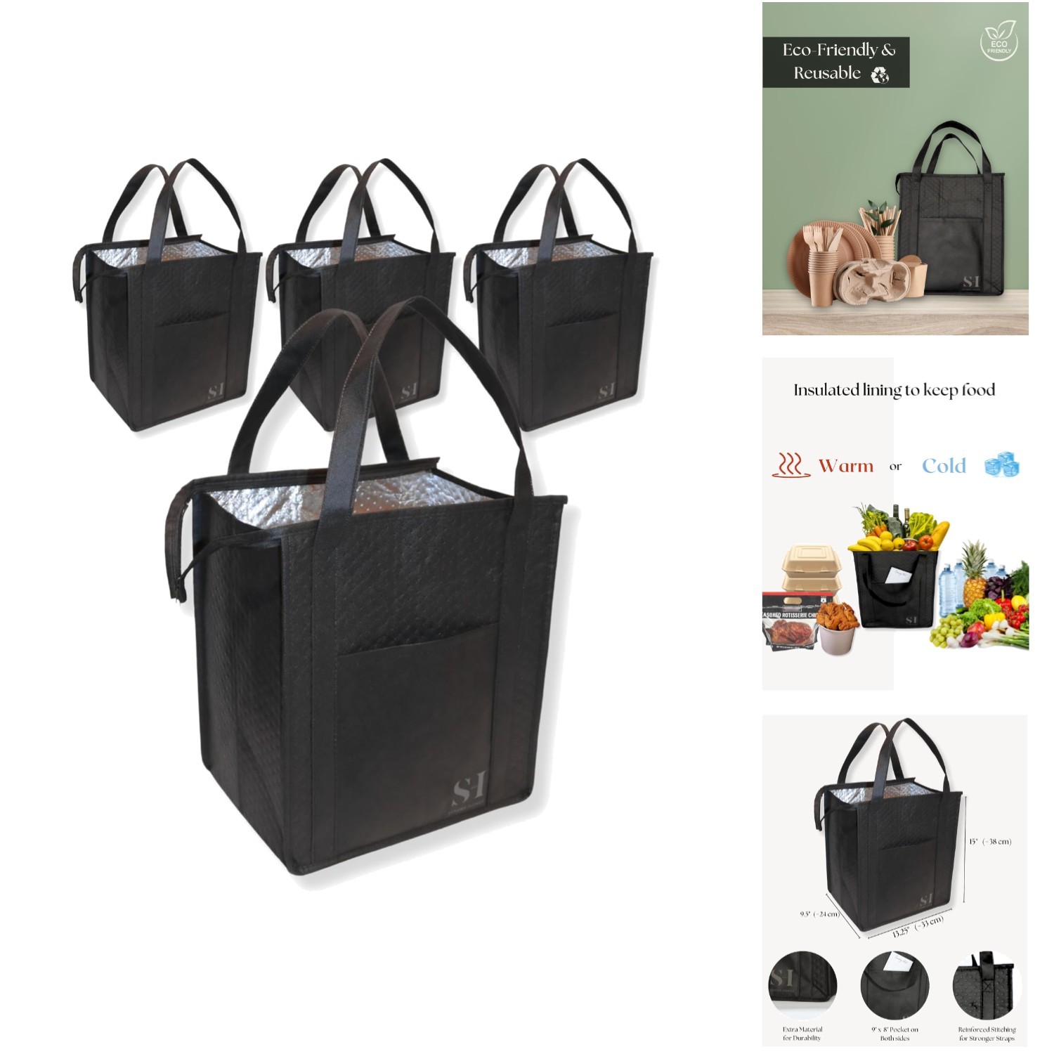 4 Pack XL Insulated Reusable Grocery Bags Zippered Top Food Delivery Cooler Tote