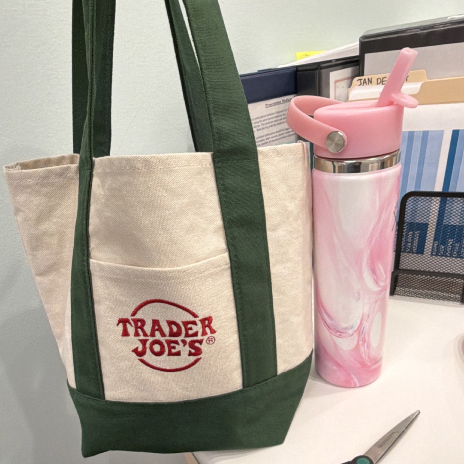 Trader Joe’s Canvas Tote Bag, Foldable, Beige & Green, Reusable Shopping