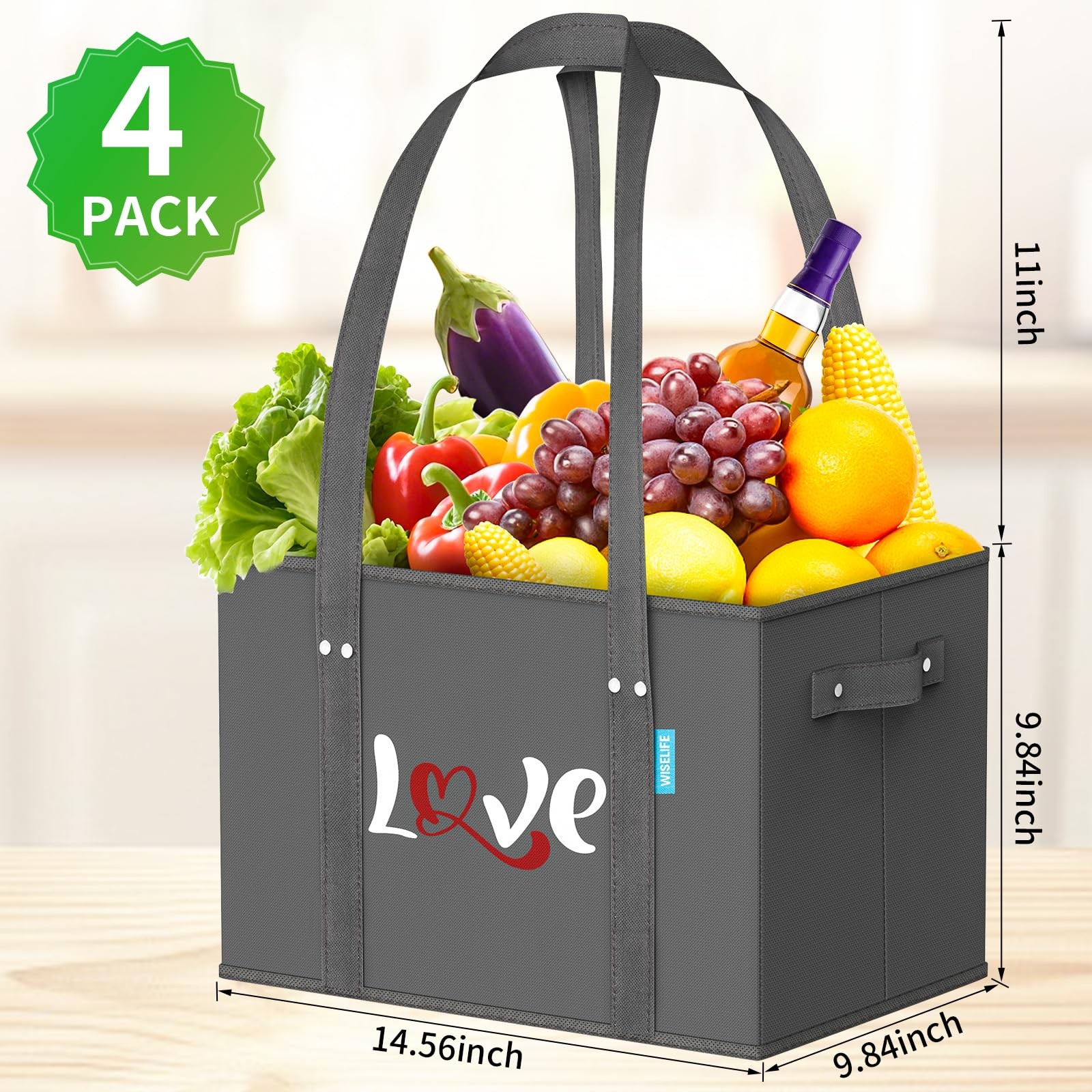 Reusable Grocery Bags Heavy Duty Foldable Shopping Tote Handles Bottom 4 PCS