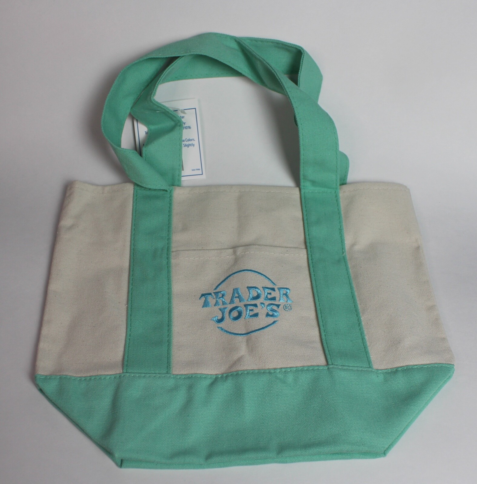 NEW Trader Joe’s Mini Pastel Canvas Tote Bag Embroidered Cotton Blend Ltd Edit